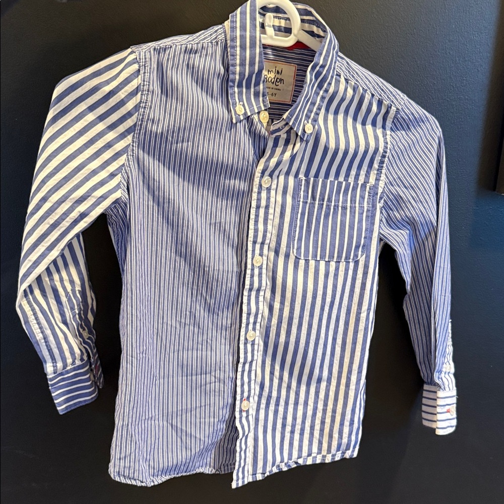 Mini Boden Boys Striped Oxford Shirt – Blue & White, Size 5–6Y